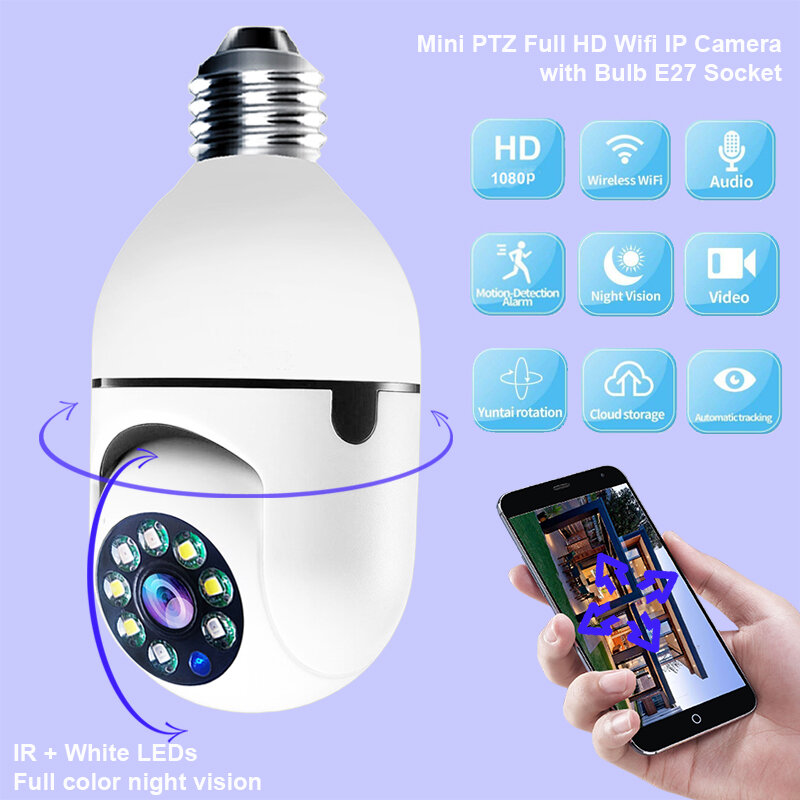 E27 Light Bulb Camera Full Color Night Vision Wireless Wifi Camera Smart Security Camera 1080P 360 Rotate Wifi IP PTZ For Outdoo