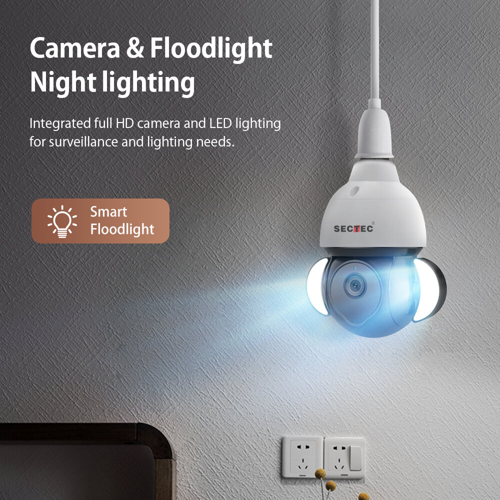 SECTEC Tuya 5MP HD WiFi Light Bulb Camera Full Color Night Vision Motion Tracking PTZ APP Control Two-way Audio Smart Home Secur