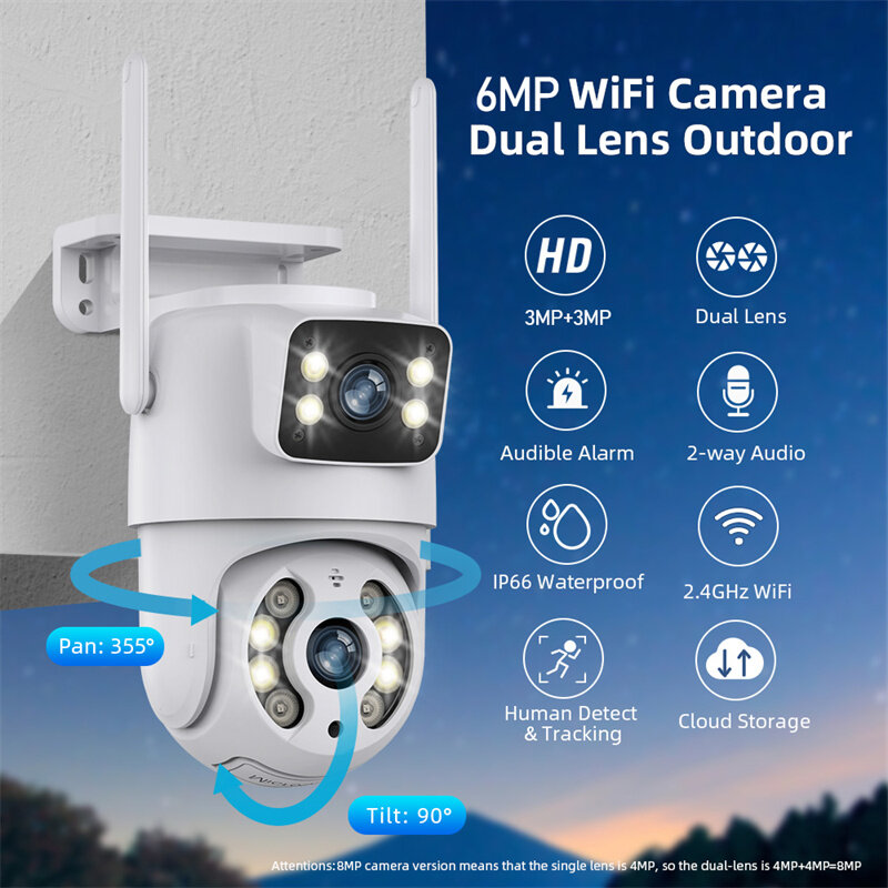 Hiseeu WS318 4K 6MP Wifi Surveillance Camera Dual Lens 4X Digital Zoom AI Human Detect IP66 Waterproof Wireless Outdoor Security