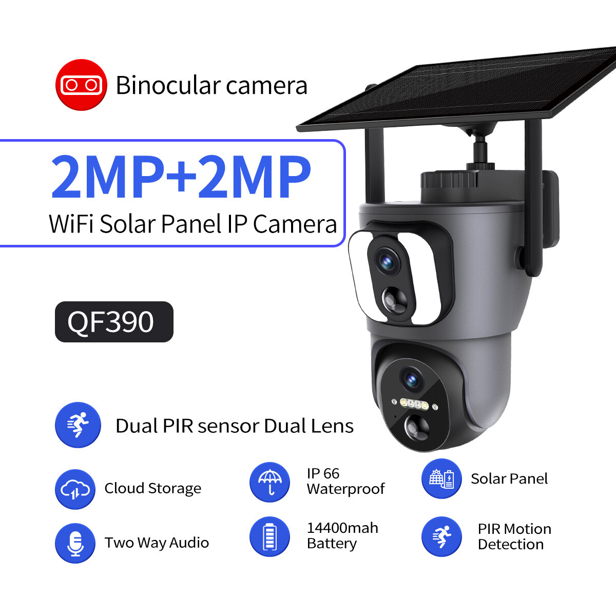 ESCAM QF390 2*2MP WiFi Solar Camera Dual Lens PIR Motion Detection Two-way Audio IP66 Outdoors Surveillance IP Camera