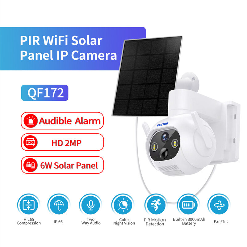 ESCAM QF172 2MP HD WiFi Camera with Solar Panel Built-in Battery PIR Motion Detection Full Color Night Vision Two-Way Audio IP66