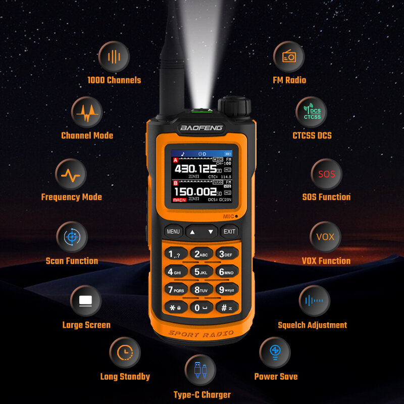 BAOFENG UV-20 Long Range UV Walkie Talkie with 1.77inch TFT HD LCD Display 1000 Channels Type-C IP54 Waterproof High Power Handh