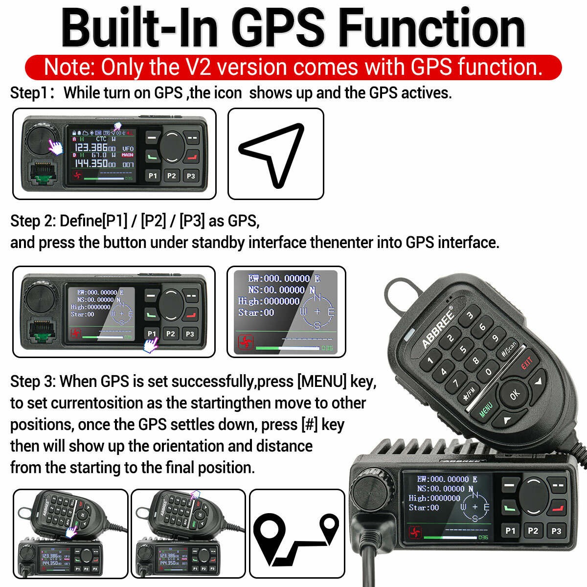 ABBREE AR-2520 25W Walkie Talkie AM Full Band Mobie Radio 108-520MHz 999 Channels Amateur GPS Radio Car Radio Station with Hand