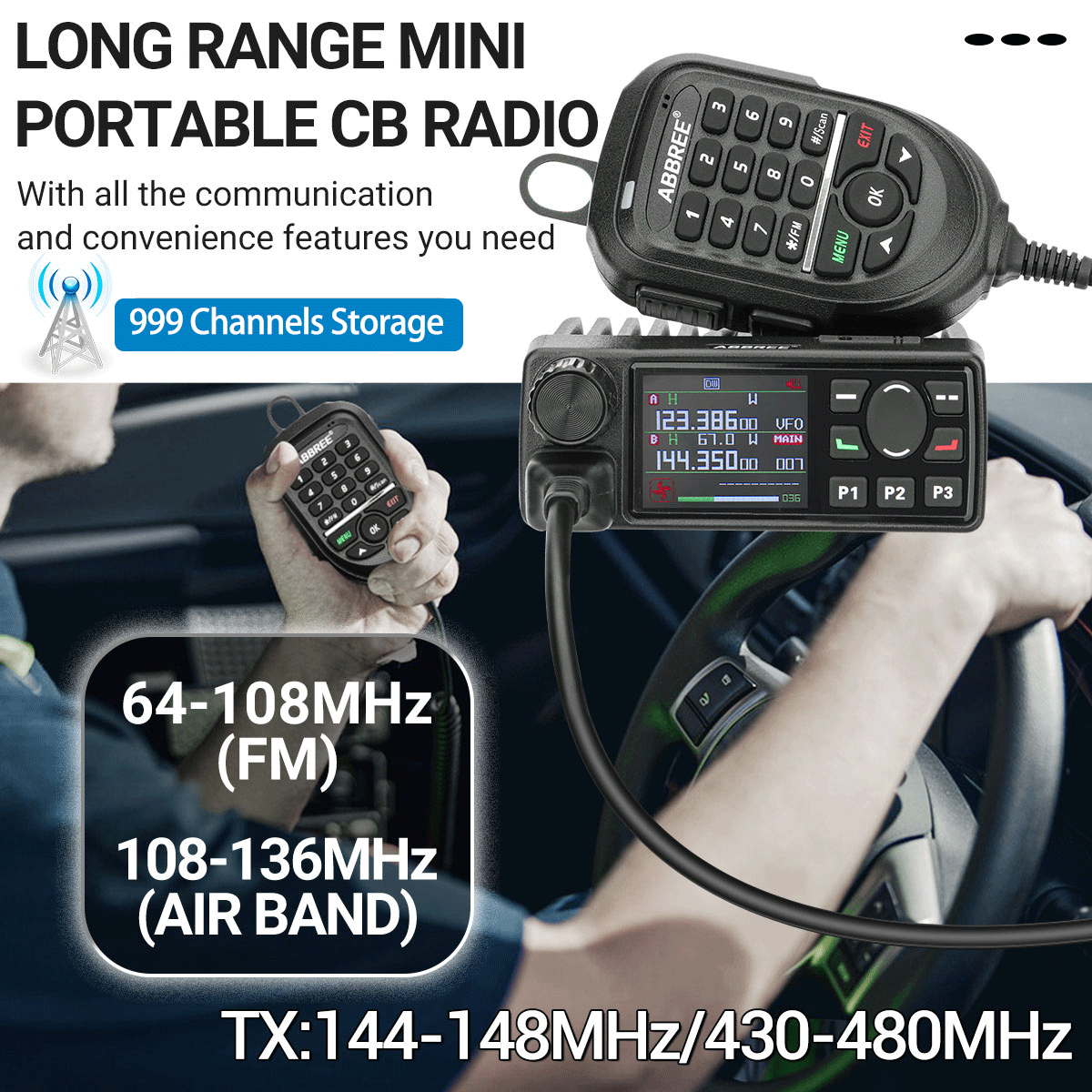 ABBREE AR-2520 25W Walkie Talkie AM Full Band Mobie Radio 108-520MHz 999 Channels Amateur GPS Radio Car Radio Station with Hand