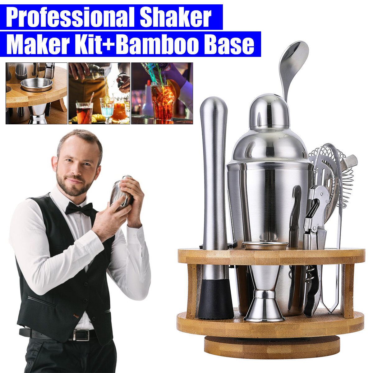 9Pcs Cocktail Stainless Steel Shaker Set Cocktail Edelstahl Bar Set Mixer Silber