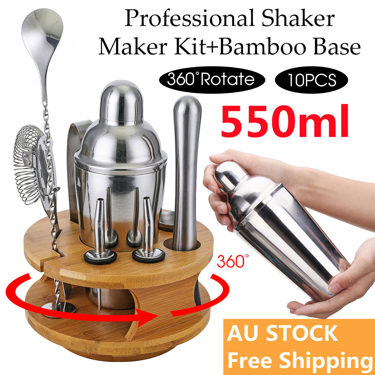 9Pcs Cocktail Stainless Steel Shaker Set Cocktail Edelstahl Bar Set Mixer Silber