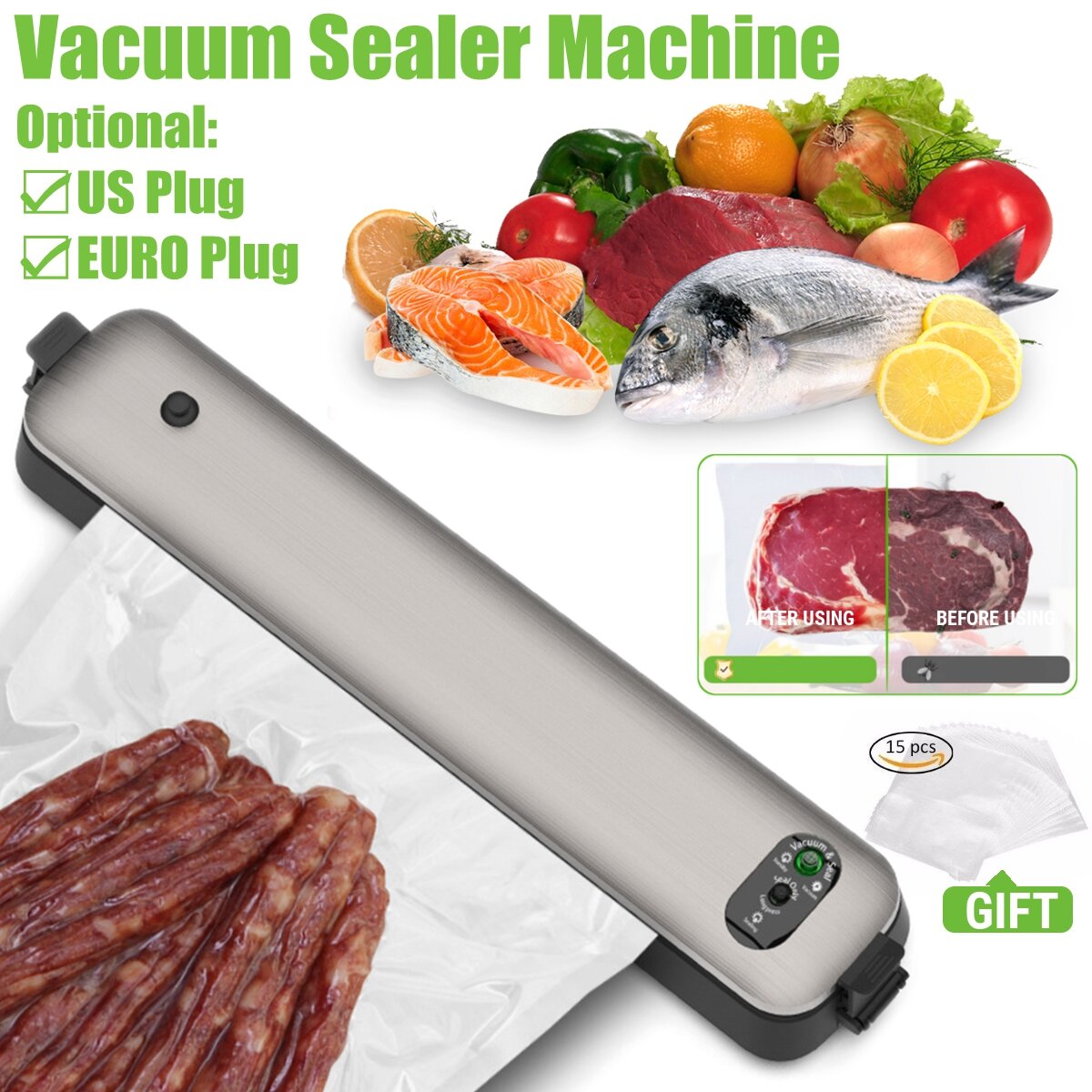 Household Vacuum Sealer Machine Seal Meal Food Vacuum Sealer System with 15 Free Bags One Touch Control Short Seal Time Low Nois