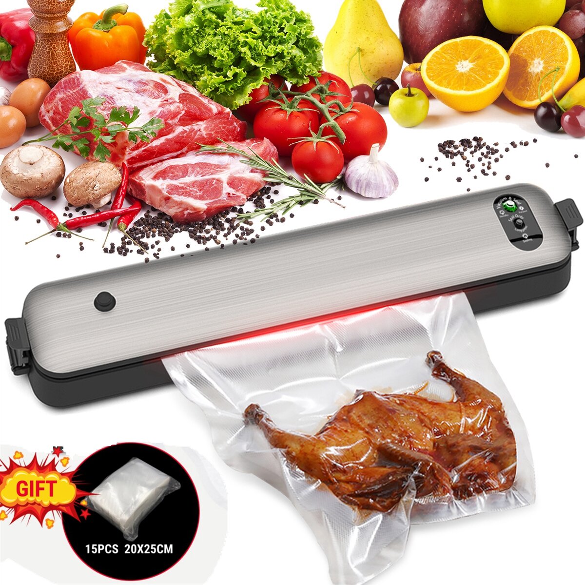 Household Vacuum Sealer Machine Seal Meal Food Vacuum Sealer System with 15 Free Bags One Touch Control Short Seal Time Low Nois