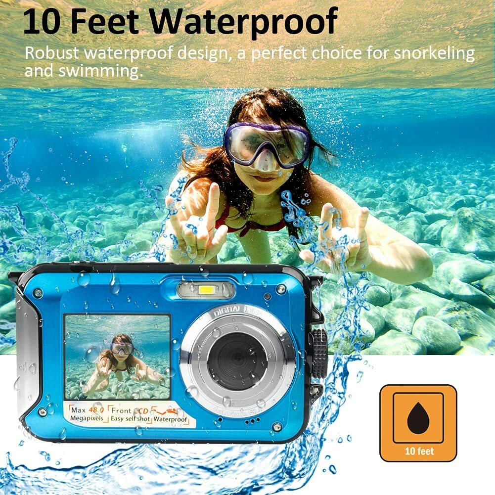 HD368 2.7K 48MP Full HD Underwater Digital Camera 10FT Waterproof Dual Screen 16X Digital Zoom for Snorkelling Swimming