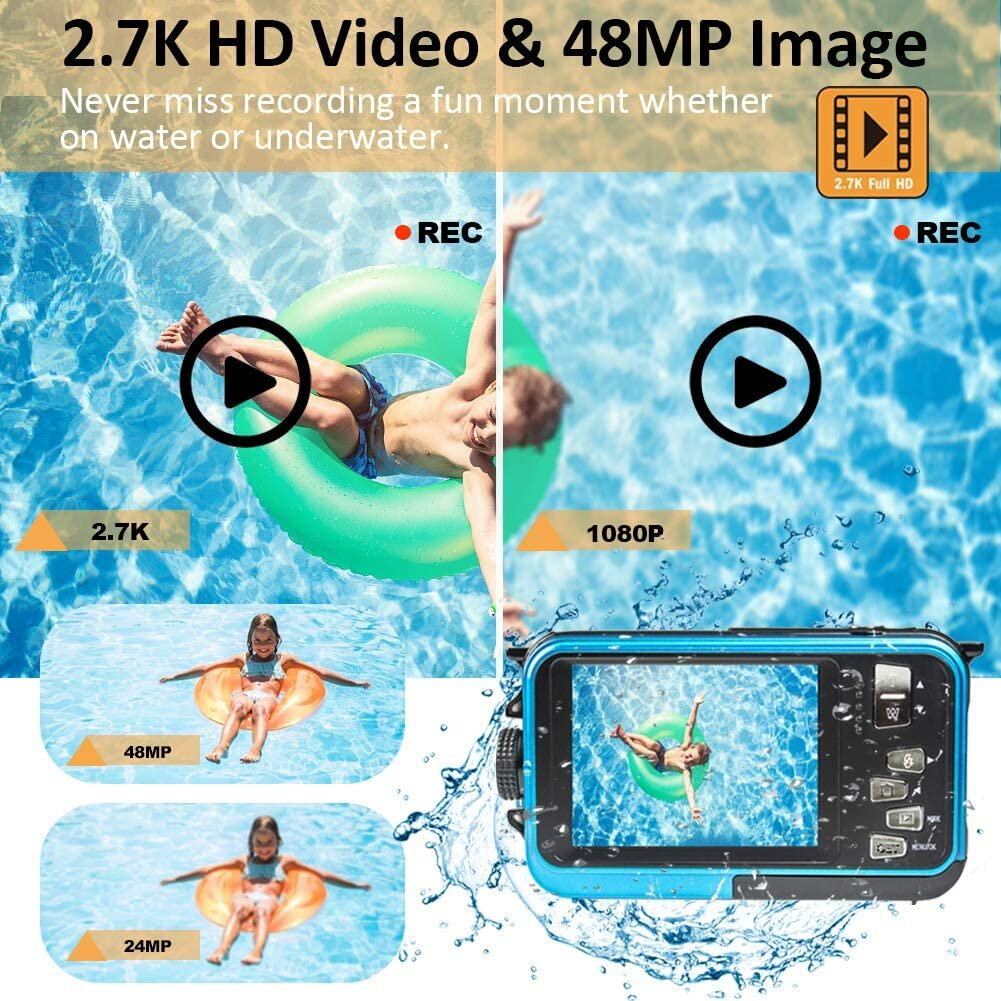 HD368 2.7K 48MP Full HD Underwater Digital Camera 10FT Waterproof Dual Screen 16X Digital Zoom for Snorkelling Swimming