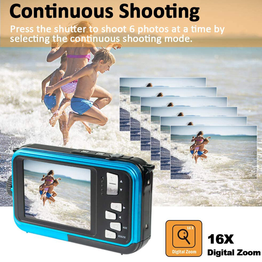 HD368 2.7K 48MP Full HD Underwater Digital Camera 10FT Waterproof Dual Screen 16X Digital Zoom for Snorkelling Swimming