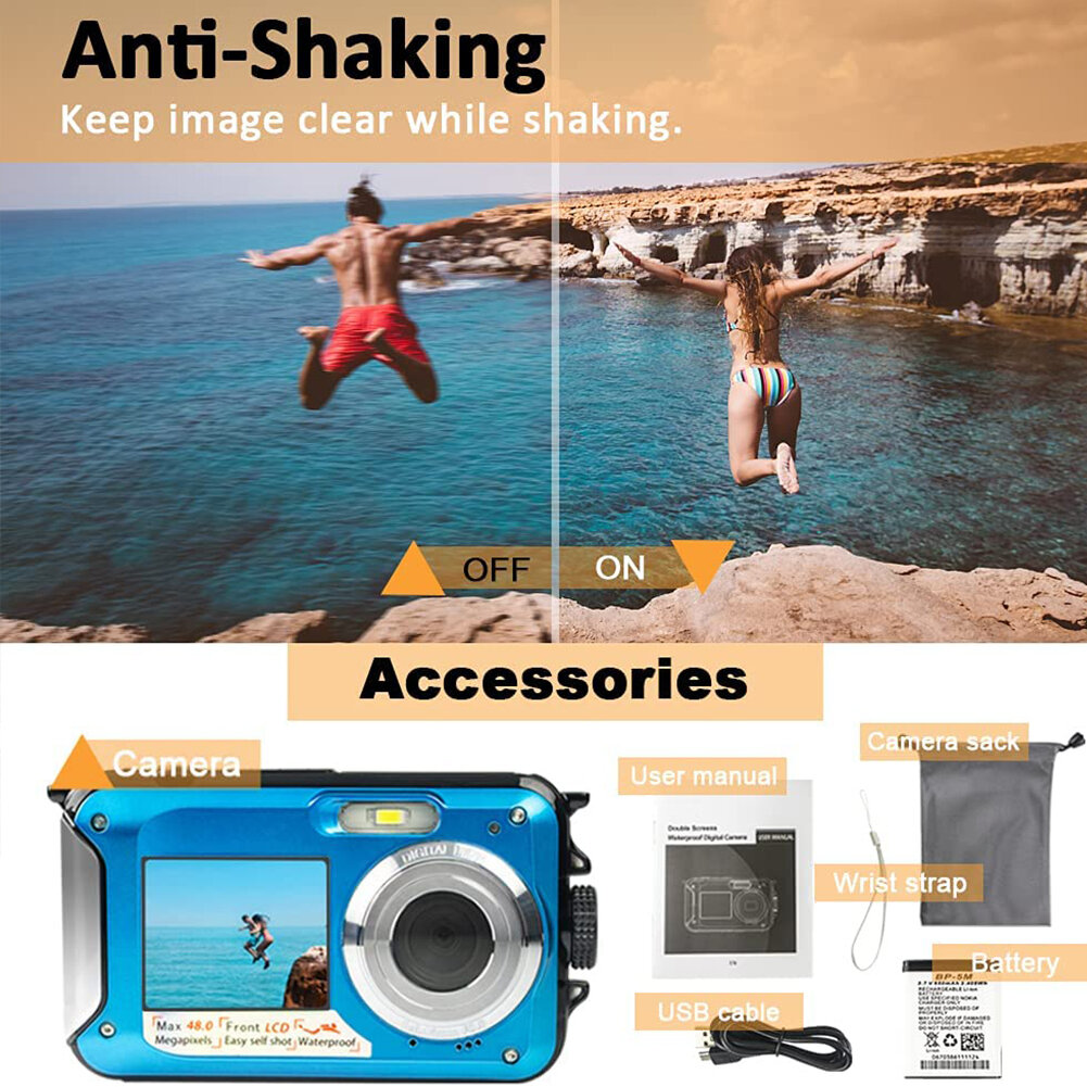 HD368 2.7K 48MP Full HD Underwater Digital Camera 10FT Waterproof Dual Screen 16X Digital Zoom for Snorkelling Swimming