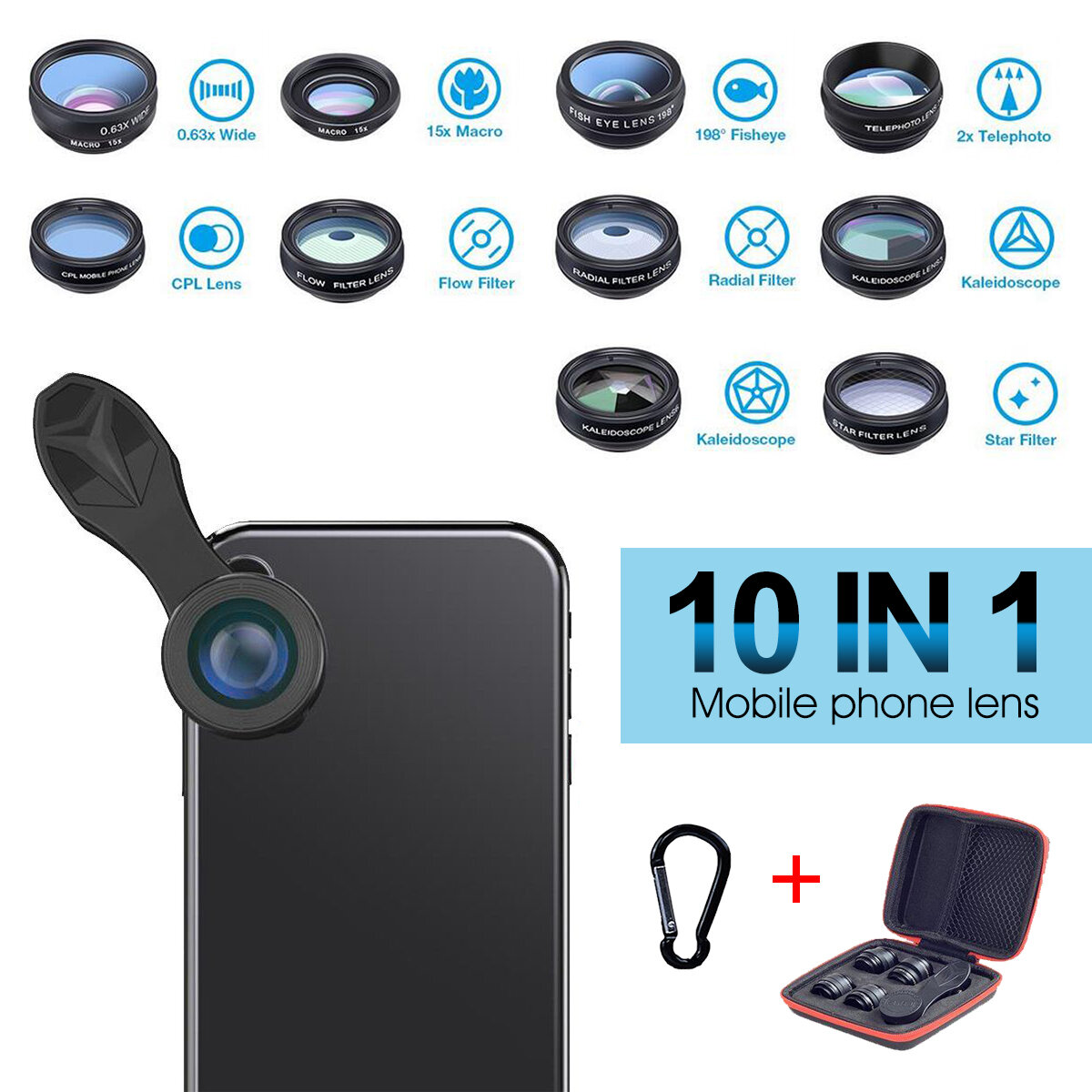 Hizek 10 in 1 Phone Lens Kit Macro Lens Wide Angle Lens Fisheye Lens Telephoto Lens CPL Flow Radial Star Filter Kaleidoscope 3/6