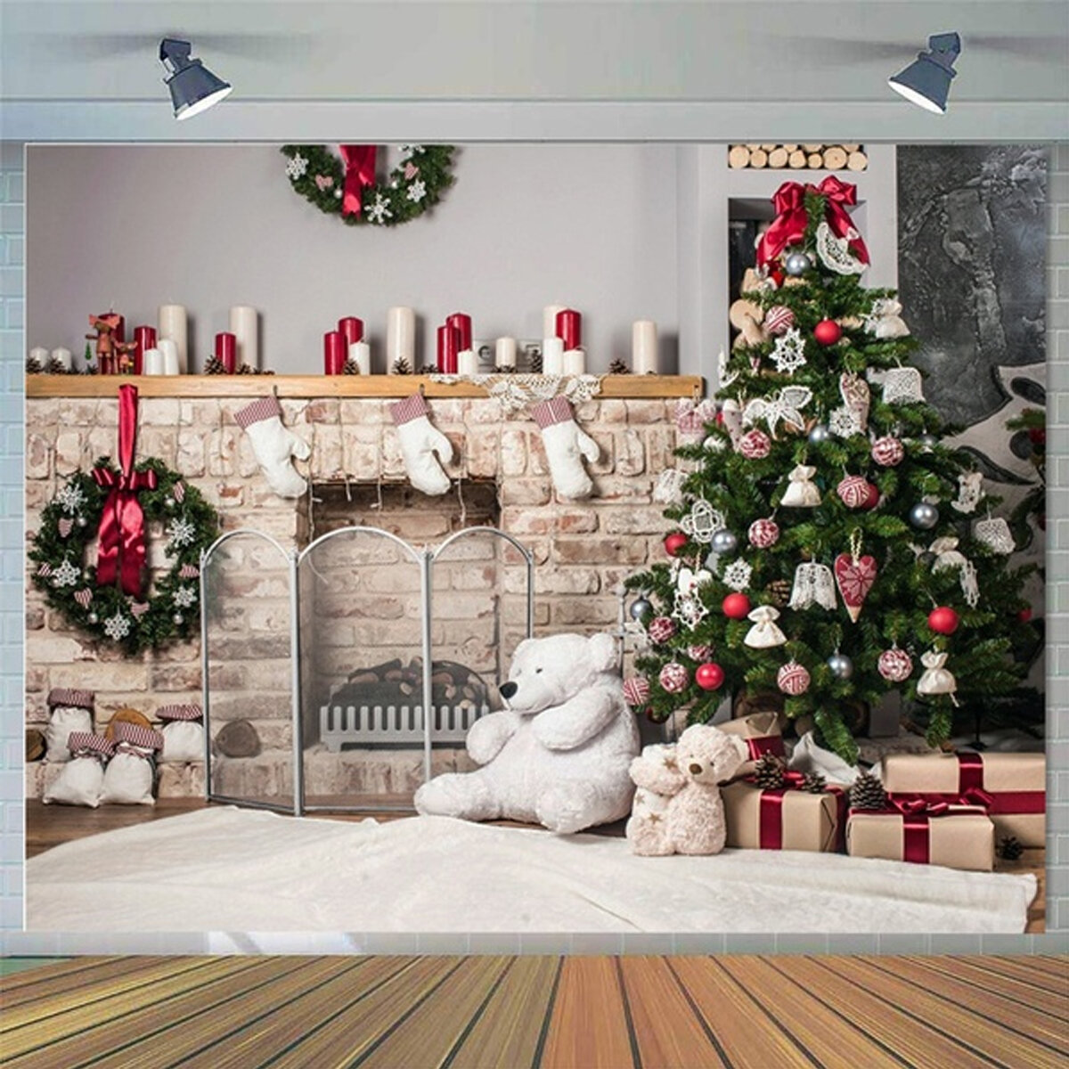 Christmas Photography Backdrop 3D Tree Brick Fireplace White Bear Printed Vinyl Photo Studio Background Cloth