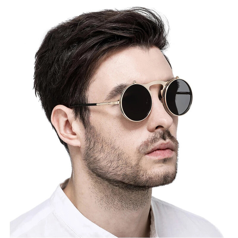 UV400 Vintage Steampunk Flip Up Men Sunglasses Women Retro Round Metal Frame Sun Glasses Hinge Design Curved Glasses Legs