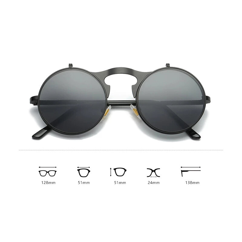 UV400 Vintage Steampunk Flip Up Men Sunglasses Women Retro Round Metal Frame Sun Glasses Hinge Design Curved Glasses Legs