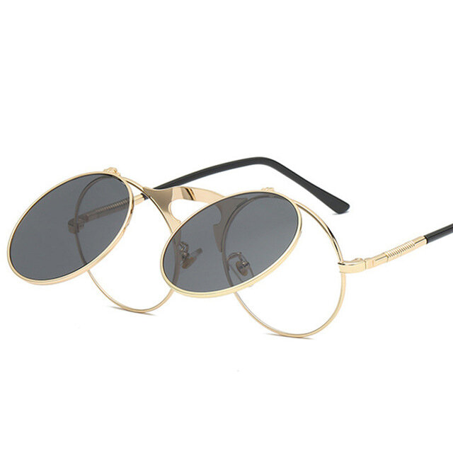 UV400 Vintage Steampunk Flip Up Men Sunglasses Women Retro Round Metal Frame Sun Glasses Hinge Design Curved Glasses Legs