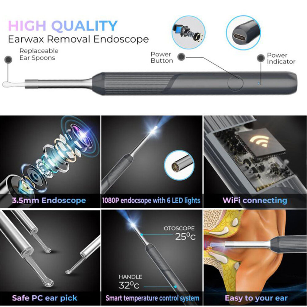 Wireless Smart Visual Ear Cleaner Otoscope NP20 Ear Wax Removal Tool with Camera Ear Endoscope 1080P Kit for IOS/Android