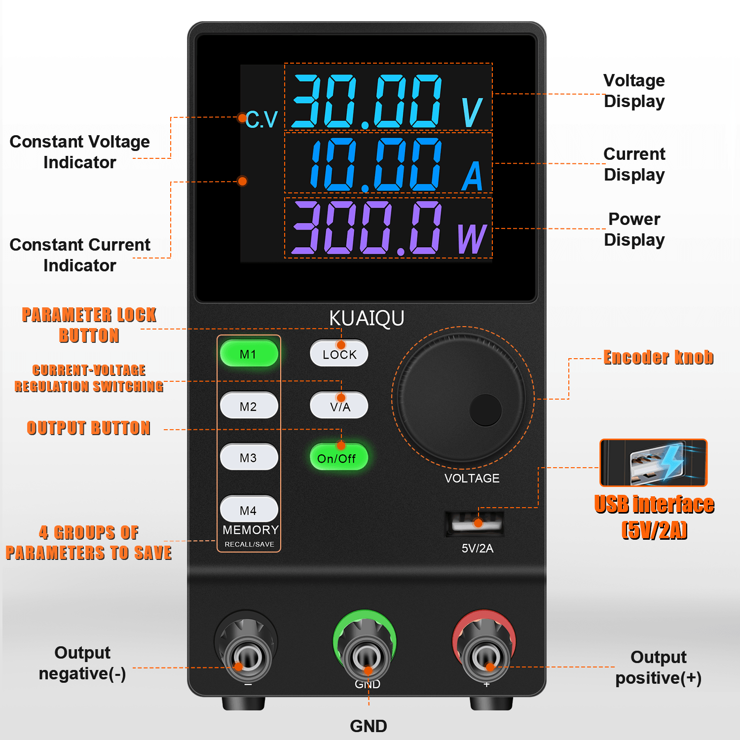 NICE-POWER SPPS-D-232 0~300V/0~10A Power Display USB 5V2A Color LCD Numeric Display 4 Group Memory Function Power On/Off Button