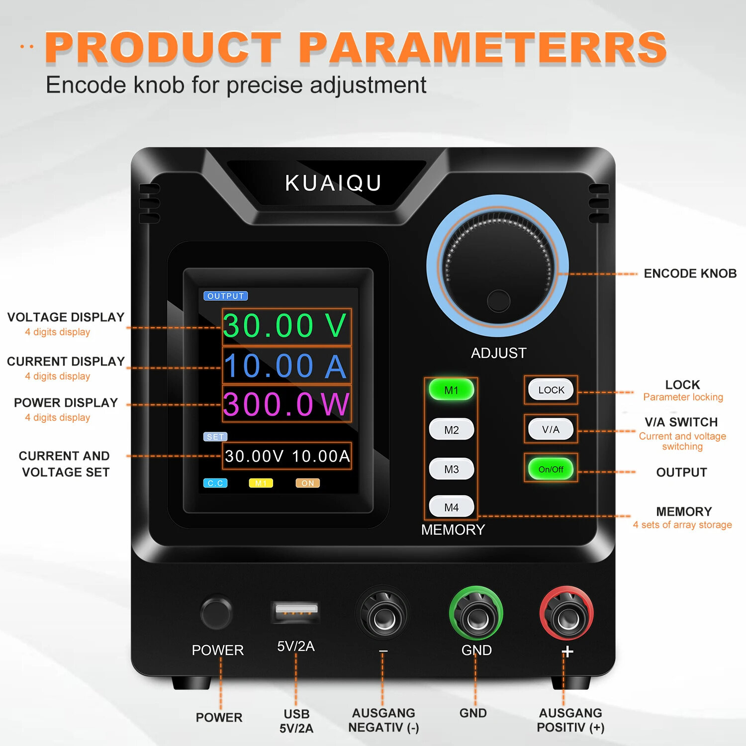 KUAIQU Programmable DC Power Supply Adjustable 305/3010/605/1203 with HD 4-Digit Color Display Precise Encoder Knobs USB Port Sm