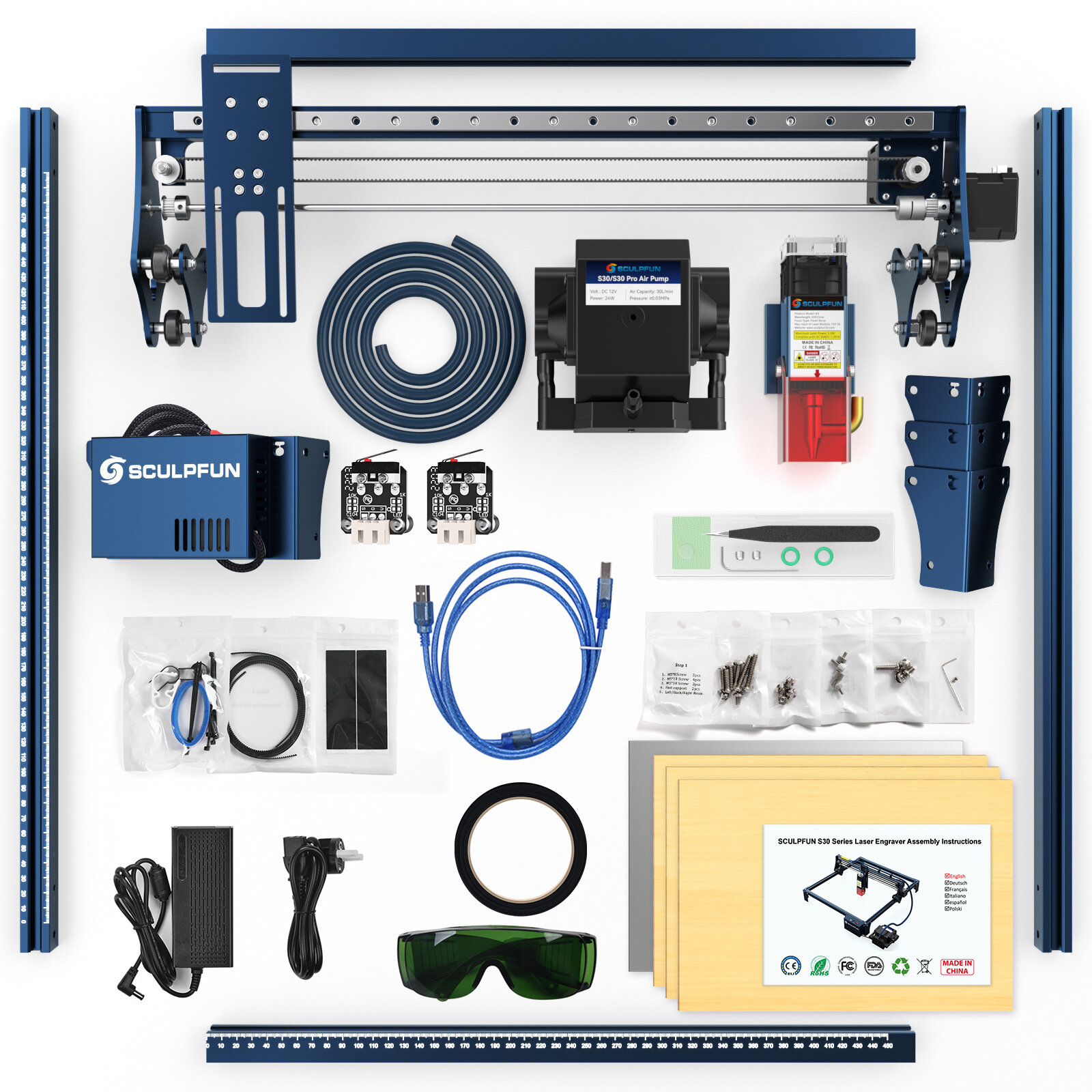 SCULPFUN S30 5W Laser Engraver Cutter Automatic Air-assist 0.06x0.06mm Laser Focus 32-bit Motherboard Replaceable Lens 410x400mm