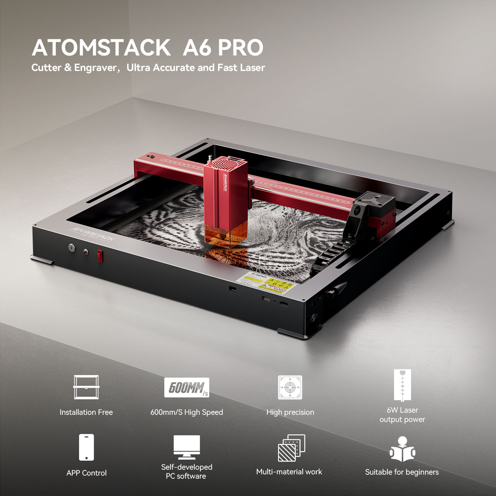 ATOMSTACK A6 Pro Laser Engraver 6W Laser Output Power Laser Engraving Machine 600m/s High Speed for Wood / Metal / Acrylic / Lea