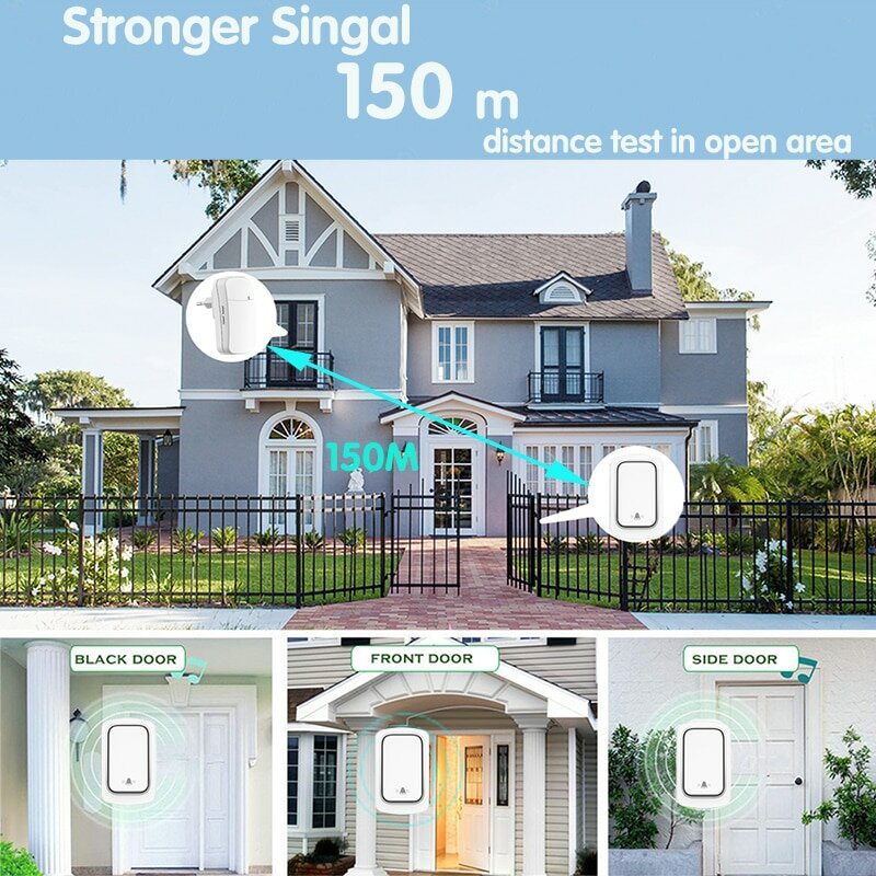 1 to 1 Home Wireless Doorbell IP68 Waterproof 38 Kinds Ringtones 4-level Volume Adjustable EU Plug Self-powered Button Music Doo