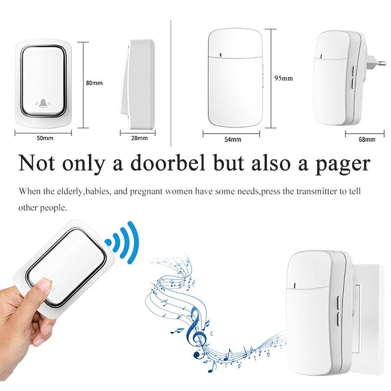 1 to 1 Home Wireless Doorbell IP68 Waterproof 38 Kinds Ringtones 4-level Volume Adjustable EU Plug Self-powered Button Music Doo