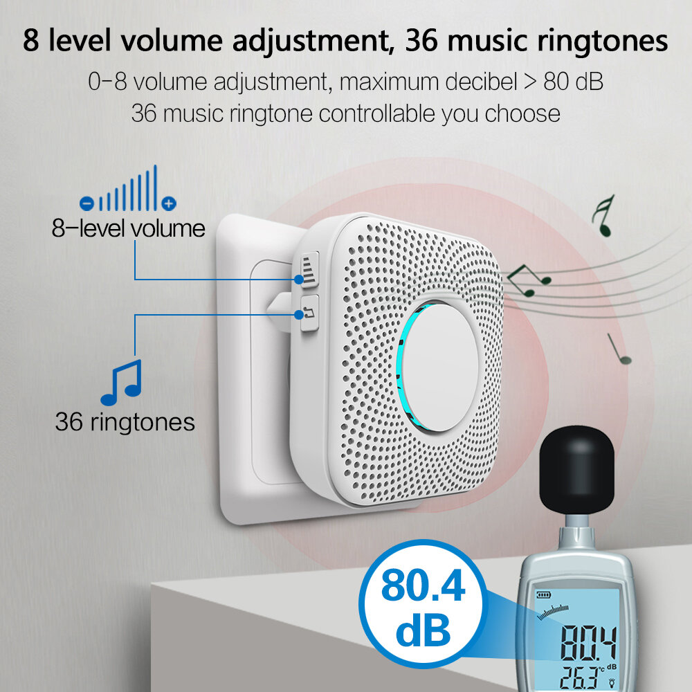 PGST PJ-16 Smart Home Music Doorbell Wireless Alarm Chimes 8-level Volume Built-in 36 Ringtones Door Bell for Home Safety