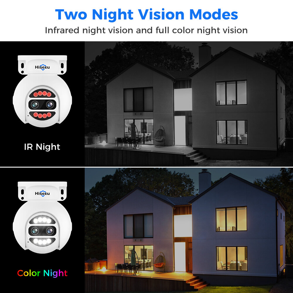 Hiseeu 4MP+4MP Dual Lens PTZ POE IP Camera 8X Zoom Full Color Night Vision 2-Way Audio H.265+ IP65 Waterproof CCTV Security Vide