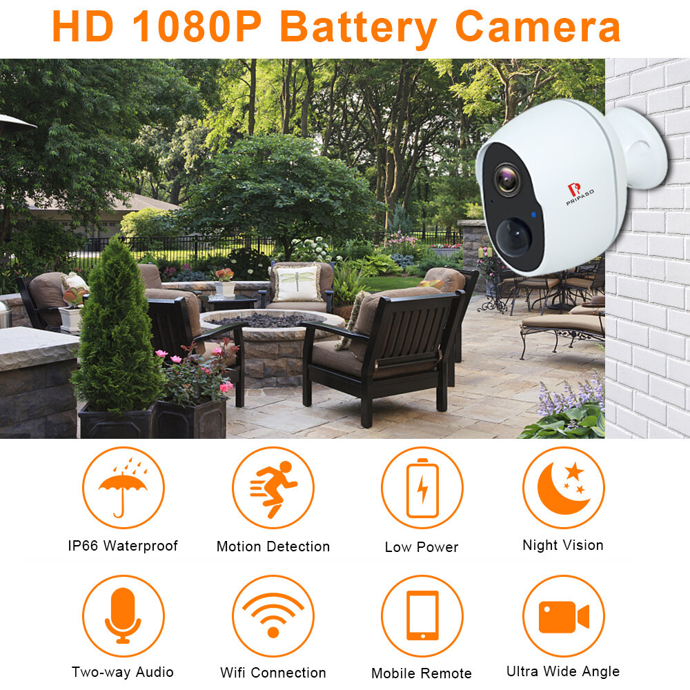 Pripaso 1080P Wireless Battery Powered IP CCTV Camera Outdoor Indoor Home Waterproof Security Rechargeable Wifi Battery Camera