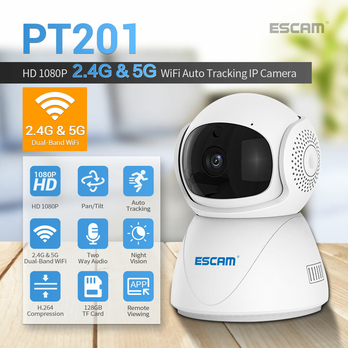 ESCAM PT201 1080P 2.4G 5G WIFI IP Camera PT Auto Tracking Cloud Storage Two-Way Voice Smart Night Vision Camera