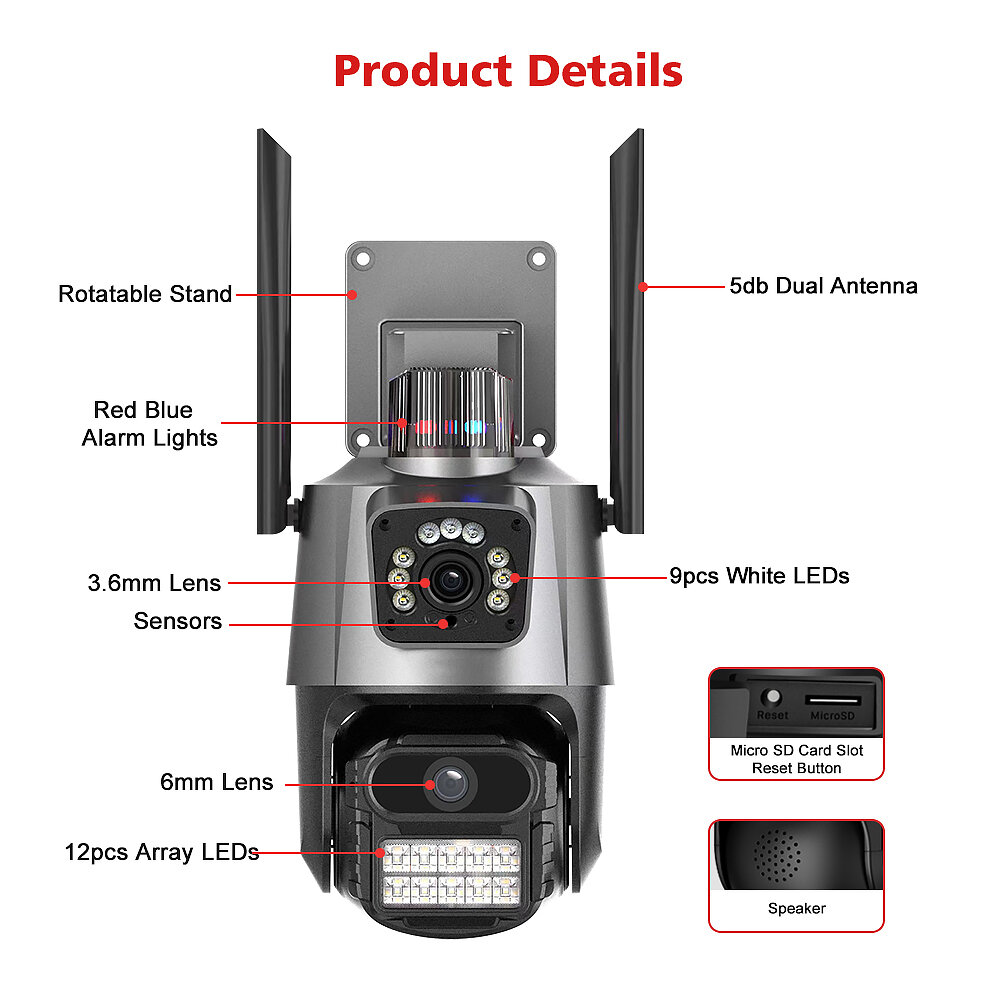 3MP+3MP Dual Lens Wifi Camera Outdoor Dual-Screen AI Auto Tracking PTZ IR Color Night Vision Onvif 2-Way Audio Surveillance Came