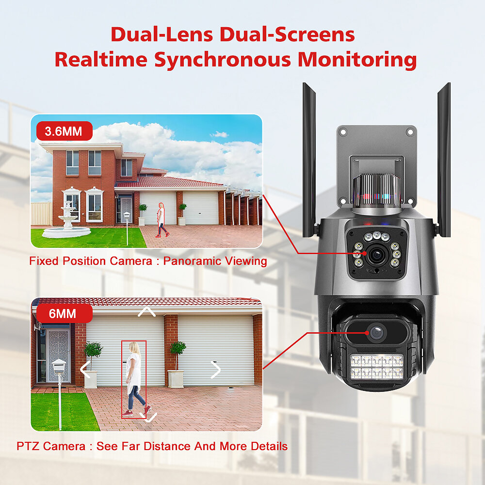 3MP+3MP Dual Lens Wifi Camera Outdoor Dual-Screen AI Auto Tracking PTZ IR Color Night Vision Onvif 2-Way Audio Surveillance Came