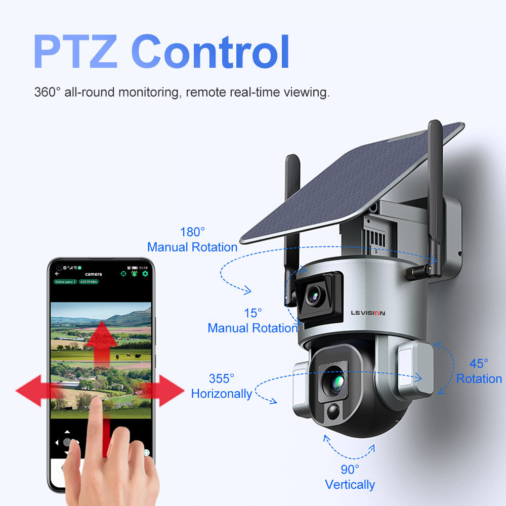 4K 8MP WiFi Dual-lens Security Camera Solar Powered PTZ Cam Wireless Two-way Intercom PIR Motion Detection Auto Tracking Night V