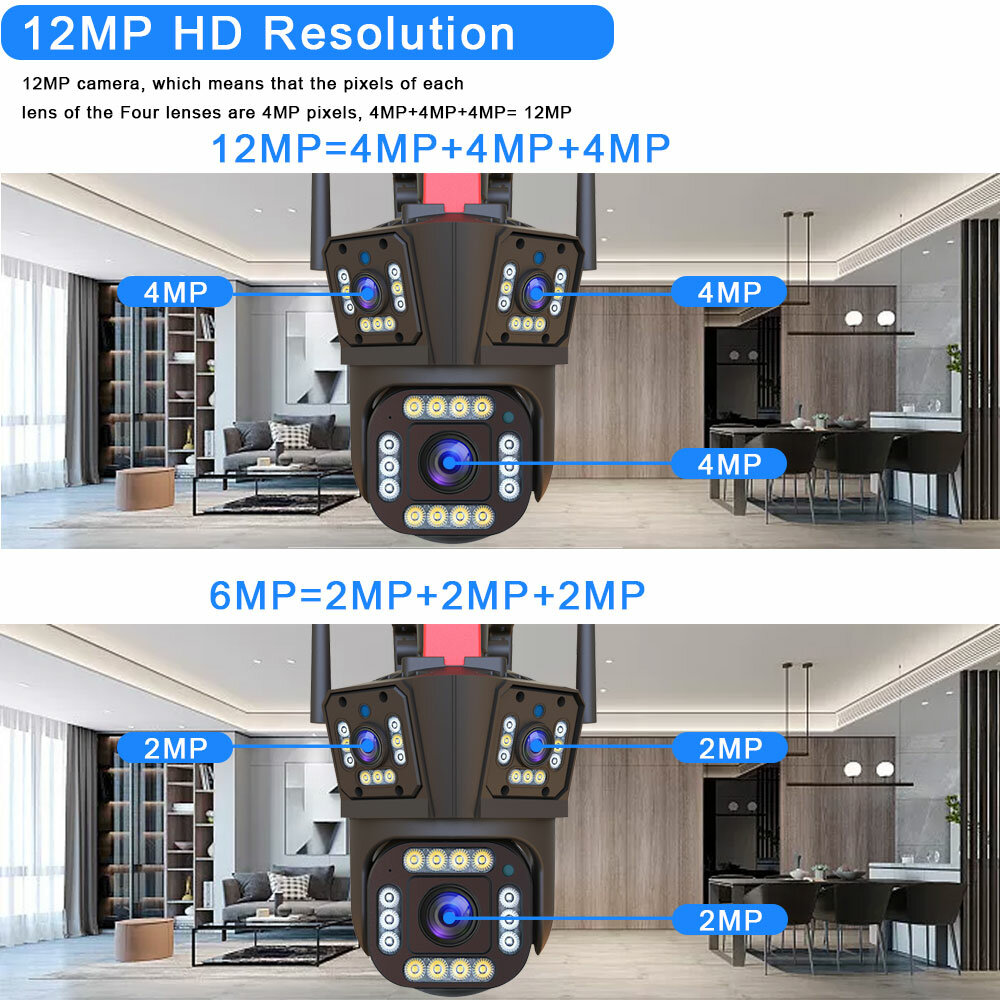 12MP 6K WiFi IP Camera 4MP+4MP+4MP PTZ Three Lens Three Screen AI Auto Tracking Night Vision Outdoors CCTV Security IP Cam