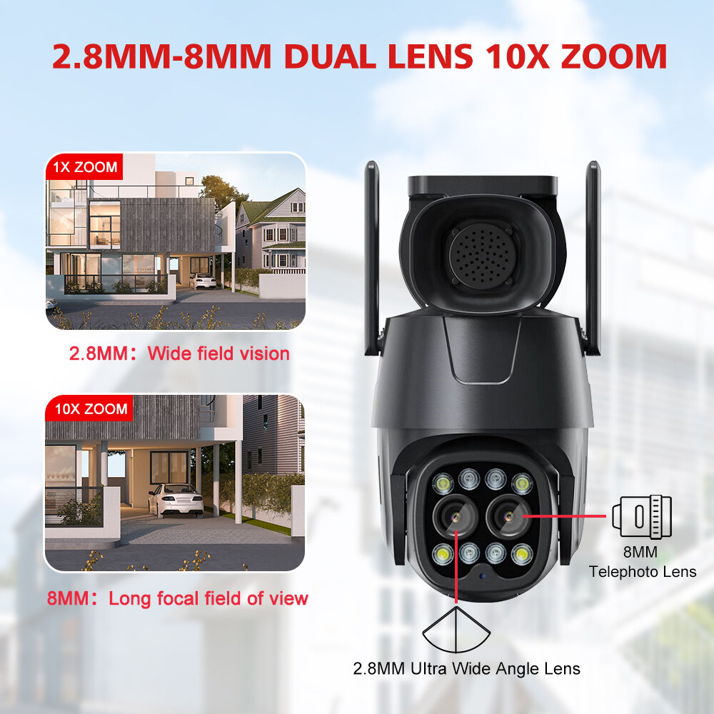 4G/WiFi 4MP+4MP Dual Lens Outdoors PTZ Security Camera 2.8mm-8mm 10X Zoom 8MP AI Human Tracking Color Night Vision Serveillance