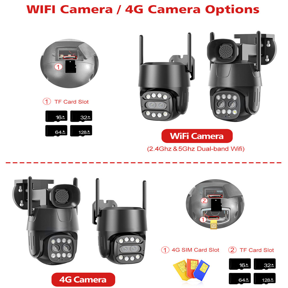 4G/WiFi 4MP+4MP Dual Lens Outdoors PTZ Security Camera 2.8mm-8mm 10X Zoom 8MP AI Human Tracking Color Night Vision Serveillance