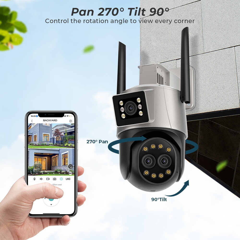 Guudgo 9MP 4K Wifi PTZ Camera with Three Lens Dual Screen 8X Digital Zoom Night Vision Human Detection 3MP+3MP+3MP Video Surveil