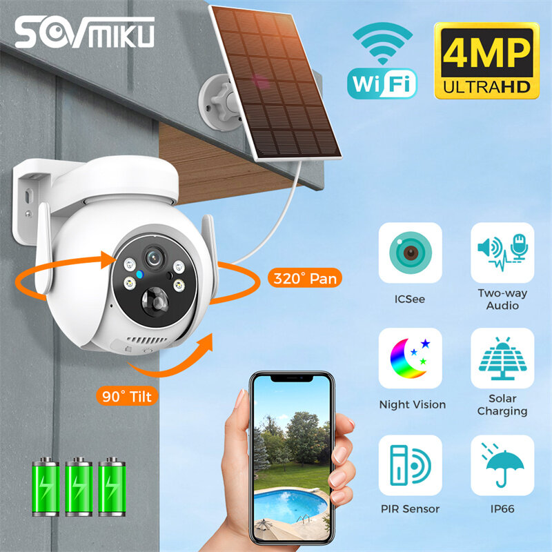 Sovmiku WTD614 2K 4MP Solar PTZ WiFi Camera Outdoor Wireless IP Cam with Solar Panel Night Vision Humanoid Detection Two-way Aud