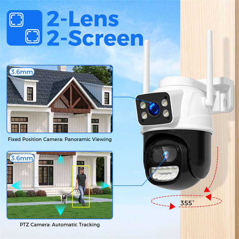 WS418B 4K 8MP Dual Lens Outdoor WiFi Camera Wireless PTZ Security ONVIF H.265+ Cam Night Vision AI Humanoid Detection Auto Track