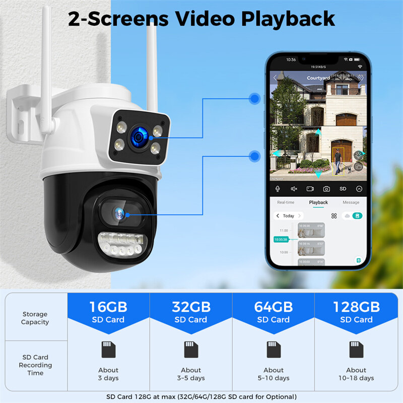 WS418B 4K 8MP Dual Lens Outdoor WiFi Camera Wireless PTZ Security ONVIF H.265+ Cam Night Vision AI Humanoid Detection Auto Track