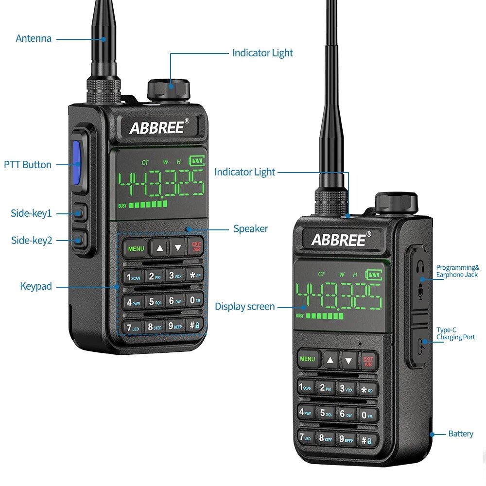 ABBREE AR-518 Full Bands Walkie Talkie 128 Channels LCD Color Screen Two Way Radio Air Band DTMF SOS Emergency Function