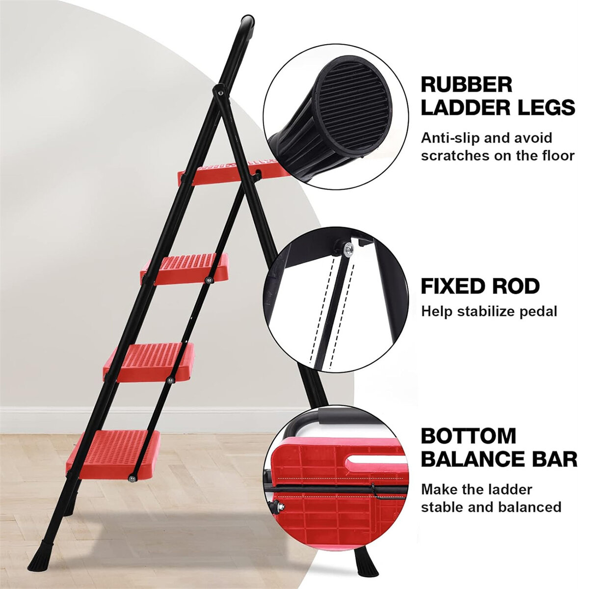 [US Direct]Portable Folding Ladder Red 4 Step Anti-Slip Wide Pedal Versatile Use for Home Office Garden