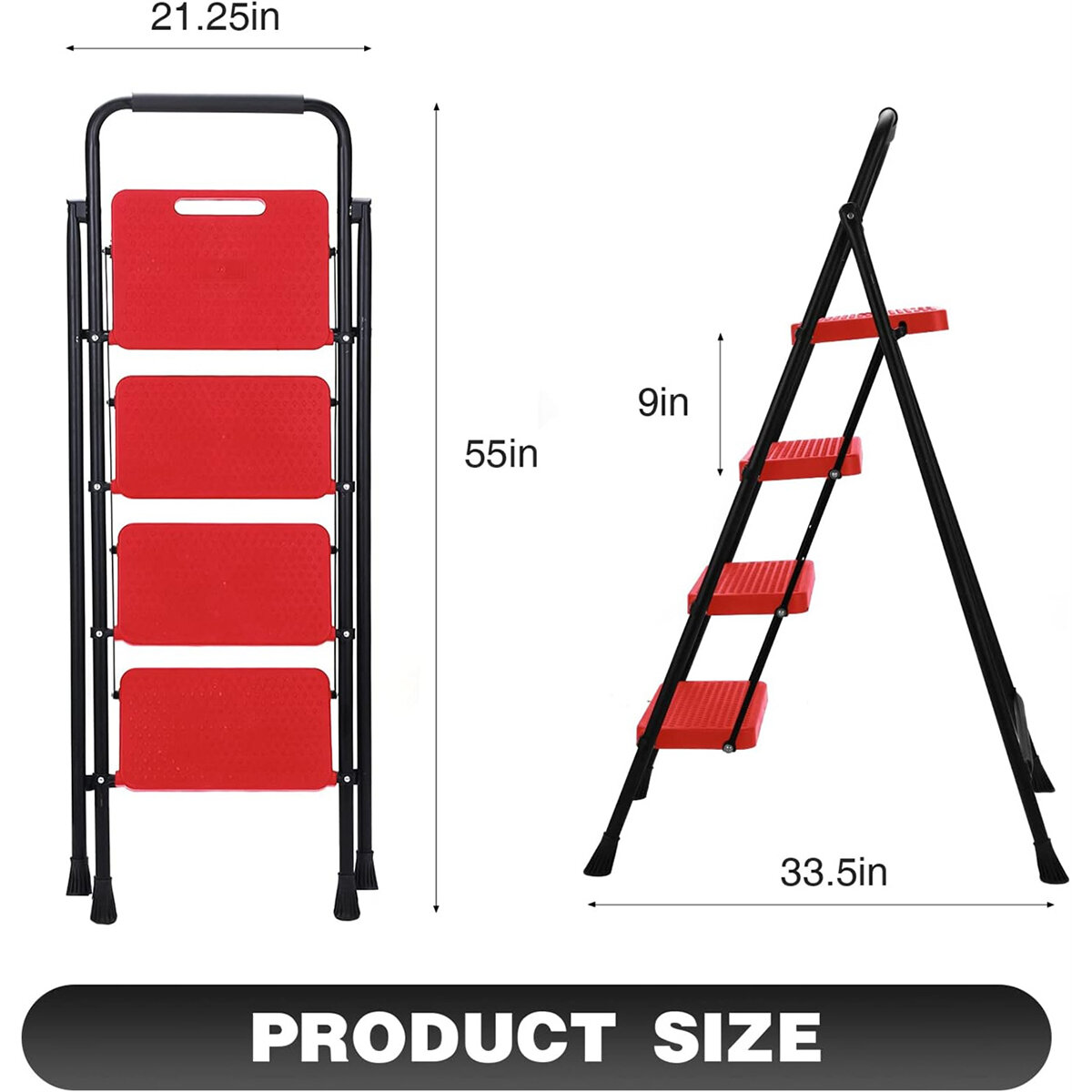 [US Direct]Portable Folding Ladder Red 4 Step Anti-Slip Wide Pedal Versatile Use for Home Office Garden