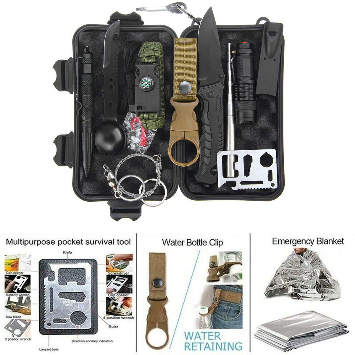 12 in 1 Emergency Survival Kit Outdoor Hiking Camping Tactical Gear Multi Tools Kit