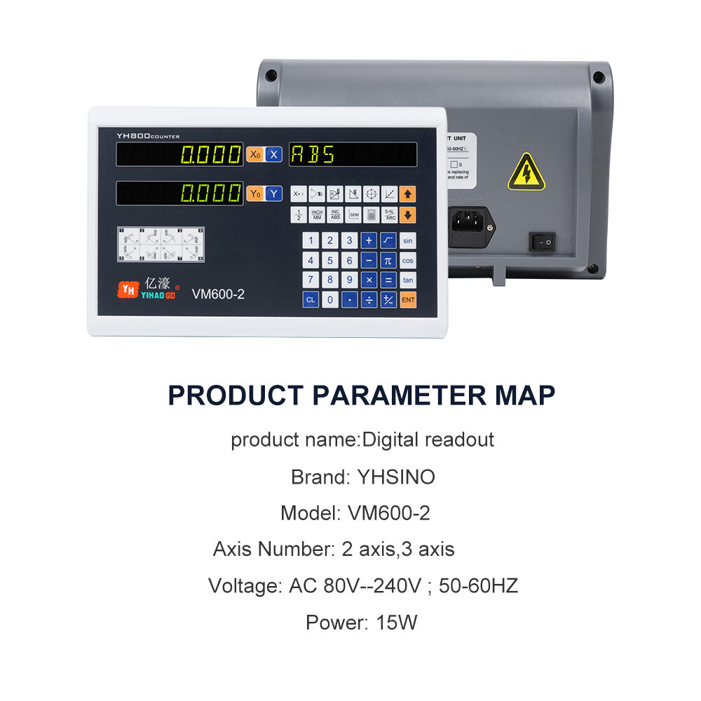 YHSINO VM600-2 Digital Readout YE Grating Scale with 2 Axis AC 80V-240V Power 15W Long Service Life Suitable for Various Grating