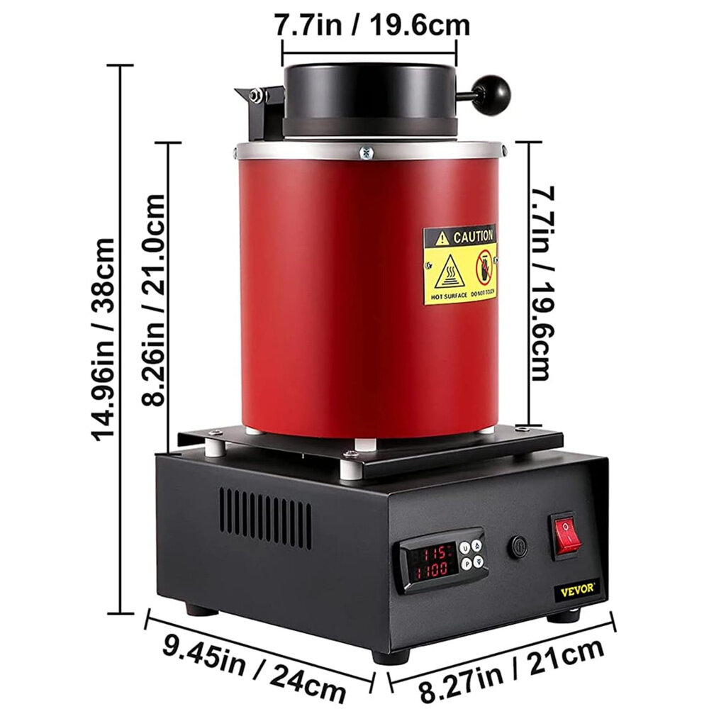 1400W Digital Electric Gold Melting Furnace with High Purity Graphite Crucible 1/2/3KG Capacity 1100°C/2000°F Max Temper