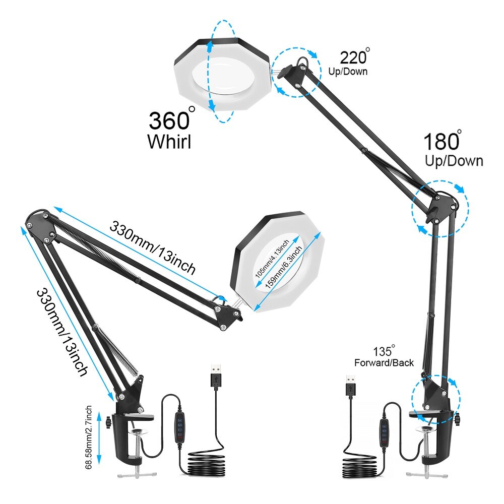 NEWACALOX USB 5X Folding Magnifier Table Clamp Soldering Third Hand Tool 3 Colors LED Illuminated Lamp Magnifying Glass