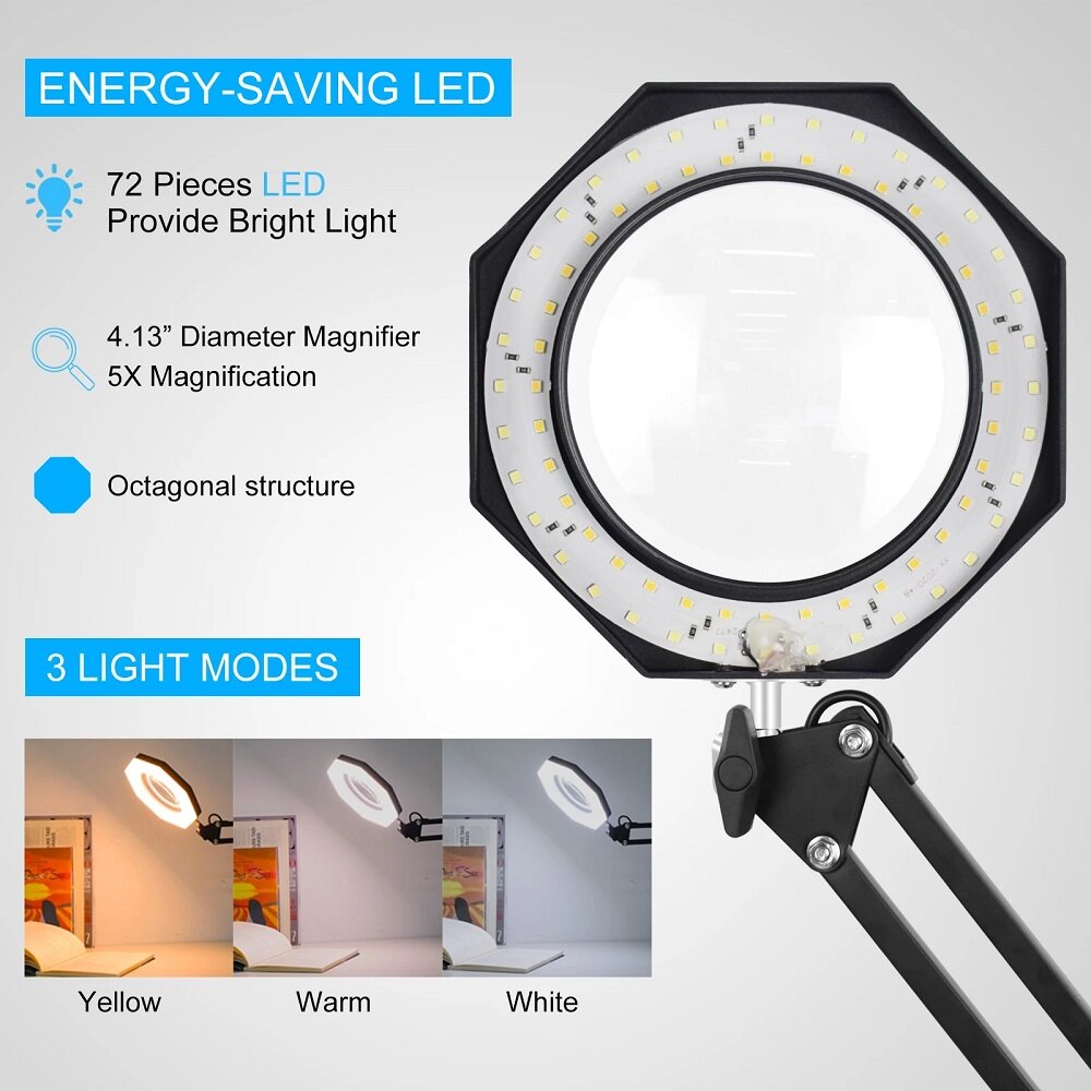 NEWACALOX USB 5X Folding Magnifier Table Clamp Soldering Third Hand Tool 3 Colors LED Illuminated Lamp Magnifying Glass